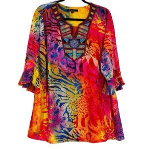 Calessa Abstract Burnout Tie Dye Artsy Pullover Tunic Size 1X Embroidered